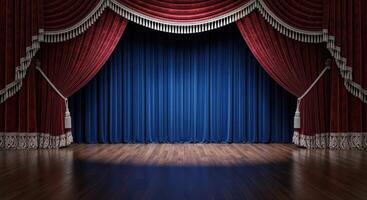 Empty vintage theater stage with red velvet curtains, blue backdrop, and polished wooden floor photo