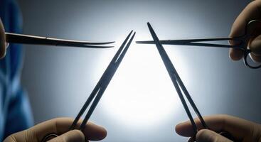 Close up of hands holding sterile surgical instruments in an operating room setting photo