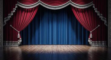 Empty vintage theater stage with luxurious red velvet curtains and a polished wooden floor. photo