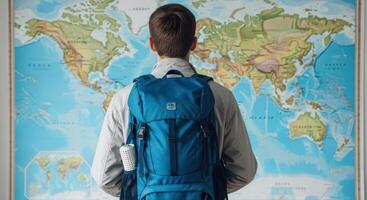 Young man with a blue backpack standing in front of a world map, contemplating travel photo