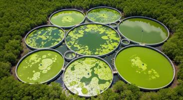 Aerial view of a large sustainable algae farm with circular ponds in a green forest photo