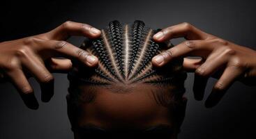 Intricate Cornrow Braids on a Head with Hands Touching the Styled Hair photo