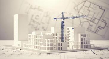 Architectural Model of a Modern Building Complex Under Construction with a Tower Crane photo