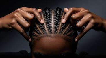 Close up view of intricate cornrow braids on a head with hands touching the hair photo