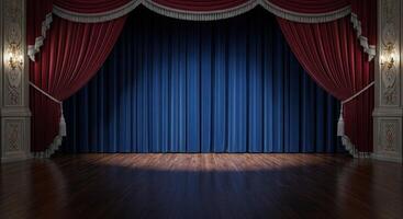 Empty Vintage Theater Stage with Red Velvet Curtains and Blue Backdrop Illuminated by Spotlight photo