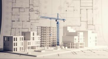 Architectural model of a building under construction with a crane and blueprints photo