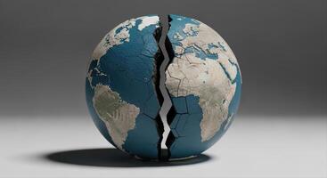 Earth Globe Split by a Jagged Crack Symbolizing Global Crisis and Division photo
