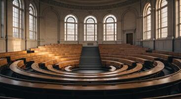 Grand empty lecture hall with tiered wooden benches and large arched windows photo