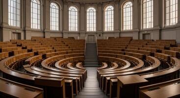Empty Grand Lecture Hall with Curved Wooden Benches and Arched Windows photo
