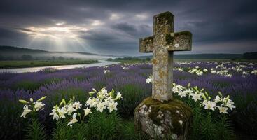 Ancient Stone Cross in a Field of Purple Flowers and White Lilies with Sun Rays photo