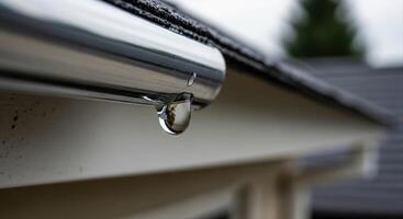 Perfect Water Droplet Hanging From a Shiny Metal Gutter After Rain photo