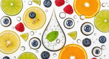 Vibrant Citrus Slices and Berries with Refreshing Water Droplets and Mint Leaf photo