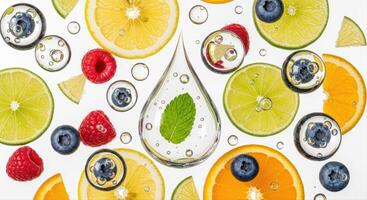 Vibrant Fresh Citrus Slices with Berries and Mint in Sparkling Water Droplets photo