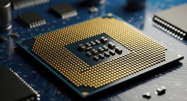 Close up of a CPU chip on a blue circuit board, emphasizing modern computing technology. photo