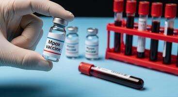 Gloved Hand Holding Mpox Vaccine Vial with Blood Test Tubes in a Medical Laboratory photo