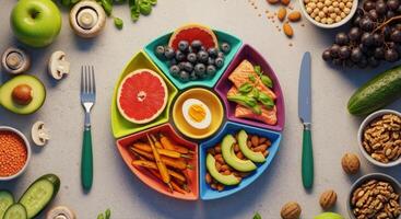 Balanced healthy meal on a segmented plate with fresh fruits, vegetables, and protein photo