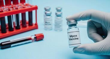 A gloved hand holding an Mpox vaccine vial in a medical laboratory setting photo
