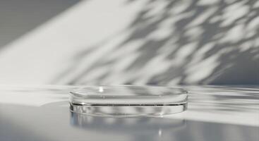 Transparent circular glass podium on glossy light grey surface with natural light and leaf shadows. photo