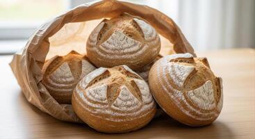 Freshly baked artisan sourdough bread rolls with rustic scoring in a brown paper bag photo