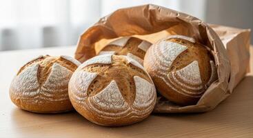 Freshly baked artisan sourdough bread rolls with rustic scoring in a paper bag photo