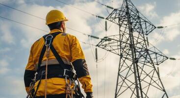 Professional Electrician or Construction Worker Inspecting a High Voltage Power Transmission Tower photo