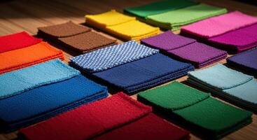 Colorful Fabric Swatches Displayed on a Wooden Surface for Textile Design photo