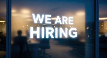 Vibrant 'WE ARE HIRING' message glowing on a modern office building window at night photo