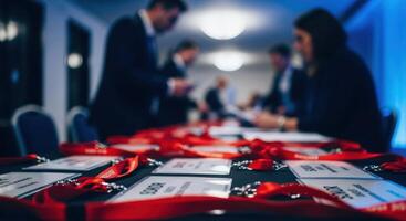 Red lanyards and name tags arranged on a table at a busy conference registration desk. photo