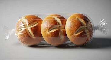 Three golden brown round bread rolls with cross cuts sealed in clear plastic packaging photo