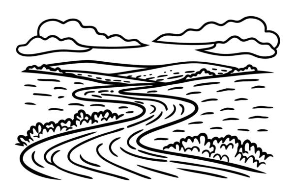 Curved country road winding through grassy landscape, hills and clouds rural nature scene, black and white drawing