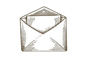 Open envelope with letter hand drawn sketch isolated on white, simple vintage mail communication symbol vector