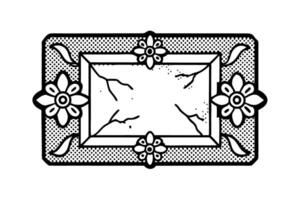 Vintage ornate rectangular mirror with decorative floral frame, cracks and aged distressed surface illustration vector