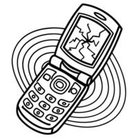 Broken flip phone with cracked screen old mobile device, damaged keypad, retro communication technology illustration vector