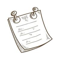 Hand drawn paper note pinned with metal tacks blank message sheet, lined reminder, sketch illustration vector