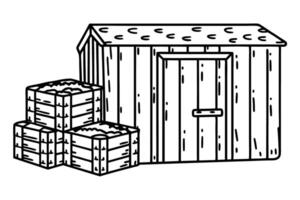 Wooden storage shed with stacked crates simple rustic structure for tools, gardening, or agricultural supplies vector