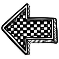 Hand drawn left arrow with checkerboard pattern, black and white sketch illustration, bold direction symbol vector