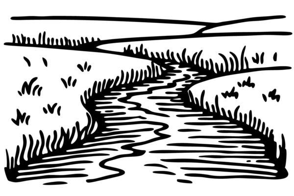 Winding river landscape illustration black and white riverbank scene with flowing water, grass, and open field nature