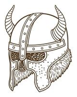 Viking horned helmet sketch medieval warrior armor illustration, norse battle helmet with fur detail vector