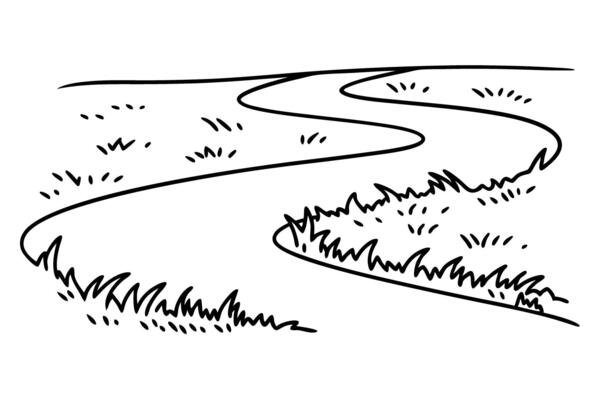 Winding path through grassy landscape, simple black and white line art illustration of outdoor scenery