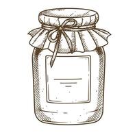 Glass jar with lid and ribbon vintage hand drawn illustration, preserved food, empty container on white background vector
