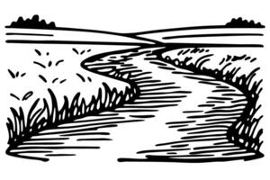 curving river flowing through open landscape with grassy banks and distant trees, hand drawn nature illustration vector