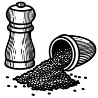 Black pepper grinder and spilled peppercorns utensil set, seasoning ingredients, isolated vintage illustration vector