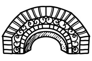 Ornate stone bridge arch illustration with intricate swirling patterns and geometric block structure, hand drawn design vector