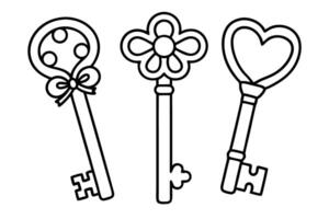 Vintage ornate keys outline decorative retro shapes with heart, flower, and bow for coloring, crafting, or design vector