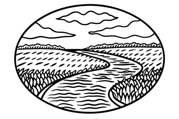 Meandering river flowing through open countryside winding waterway, fields, sky, cloud, nature landscape illustration