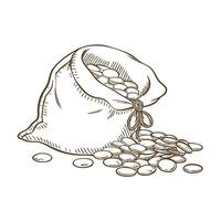 Burlap sack overflowing with scattered coins hand drawn sketch representing wealth and savings concept vector
