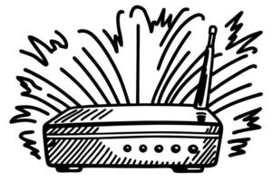 Wireless internet router emitting signal waves hand drawn sketch of wifi device, networking equipment illustration vector