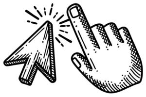 Hand cursor clicking arrow pointer icon doodle sketch, digital interaction and web navigation symbol vector