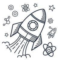 Rocket blasting off with science icons space exploration, innovation, creativity, and stem education concept vector