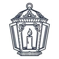 Vintage lantern with decorative metalwork and burning candle inside elegant hand drawn outline design, retro light source vector